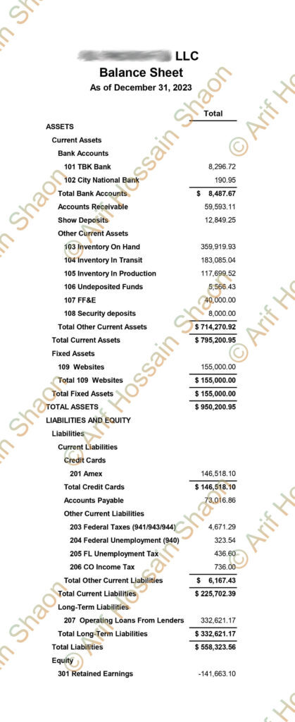 Balance Sheet, eCommerce Bookkeeper and Accountant Service, AHS, Research with Arif